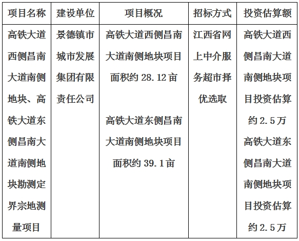 景德鎮(zhèn)市高鐵大道西側(cè)昌南大道南側(cè)地塊、高鐵大道東側(cè)昌南大道南側(cè)地塊勘測(cè)定界宗地測(cè)量項(xiàng)目計(jì)劃公告