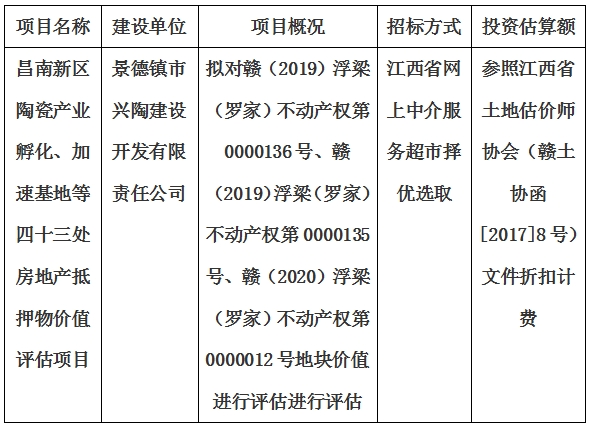 昌南新區(qū)陶瓷產(chǎn)業(yè)孵化、加速基地等四十三處房地產(chǎn)抵押物價(jià)值評(píng)估單位選取計(jì)劃公告