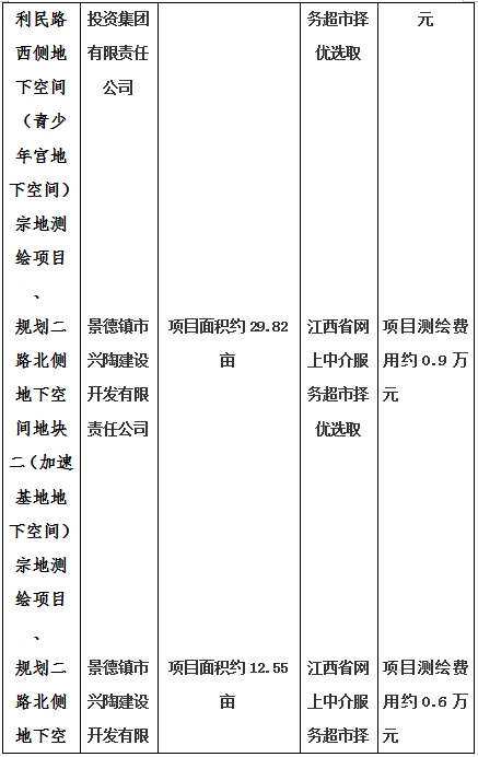 景德鎮(zhèn)市昌南新區(qū)LJ1-03-A01-1地塊、瓷都大道東側(cè)中渡口地下空間（格蘭云天大酒店地下空間）、光明大道北側(cè)利民路西側(cè)地下空間（青少年宮地下空間）、規(guī)劃二路北側(cè)地下空間地塊二（加速基地地下空間）、規(guī)劃二路北側(cè)地下空間地塊一（加速基地地下空間）、景德大道南側(cè)天寶橋西側(cè)地塊、景興大道東側(cè)如意路北側(cè)地下空間(社會公共服務(wù)