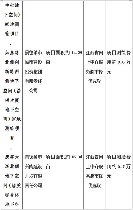景德鎮(zhèn)市昌南新區(qū)LJ1-03-A01-1地塊、瓷都大道東側(cè)中渡口地下空間（格蘭云天大酒店地下空間）、光明大道北側(cè)利民路西側(cè)地下空間（青少年宮地下空間）、規(guī)劃二路北側(cè)地下空間地塊二（加速基地地下空間）、規(guī)劃二路北側(cè)地下空間地塊一（加速基地地下空間）、景德大道南側(cè)天寶橋西側(cè)地塊、景興大道東側(cè)如意路北側(cè)地下空間(社會公共服務(wù)